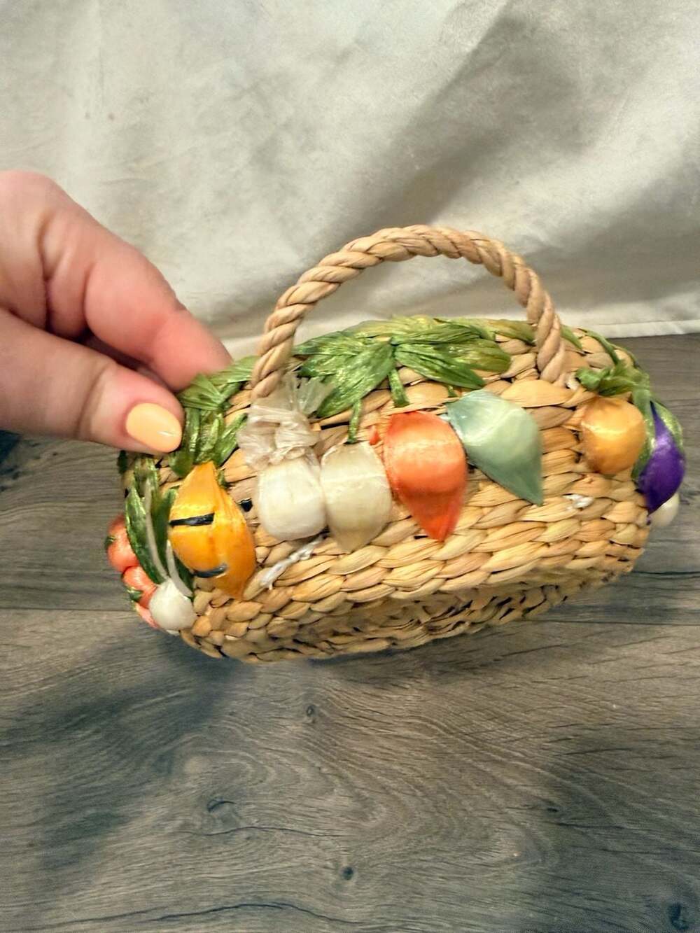 Vintage Hand-Woven Straw Basket with Raffia Vegetable Garden Cottagecore